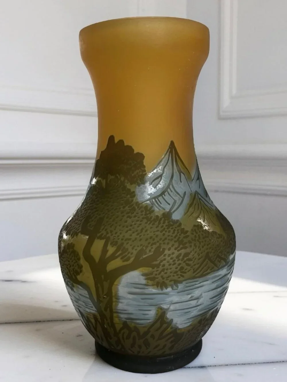 Galle' Style Cameo Art Glass Vase - Reproduction Vase w/ Mountain Scene